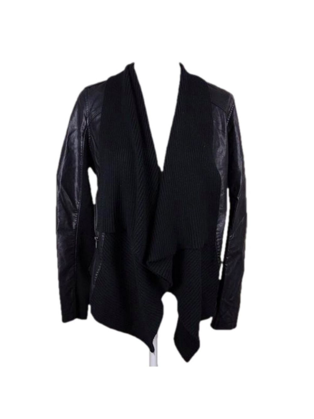 Blank NYC Black Faux Leather Ribbed Knit Shawl Collar Long Sleeve Open Jacket